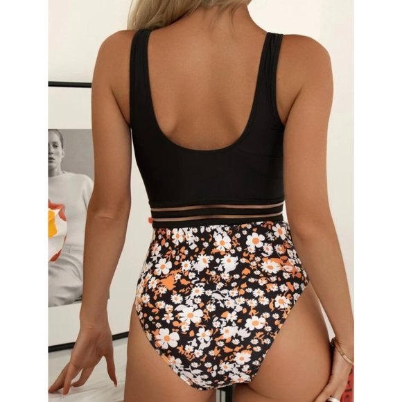 NEW Floral Print Mesh Inset One Piece Swimsuit S - Picture 2 of 5